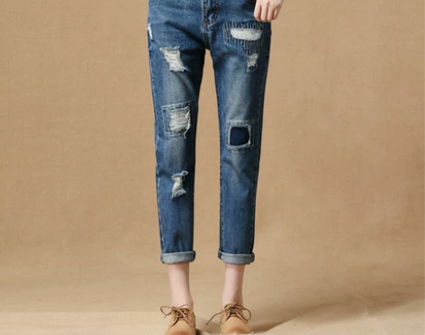 春款宽松九分破洞牛仔裤女 全新 吊牌拆了 ...