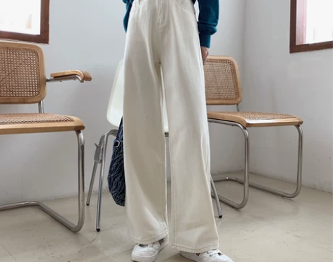 春秋款休闲高腰阔腿白色牛仔裤女杏色拖地夏装...