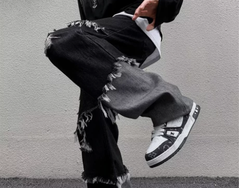 美式复古vibe裤子高街潮牌毛边破洞拼接牛...