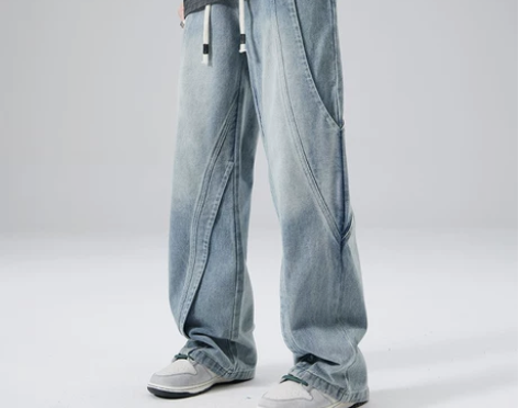 DUKEEN美式高街牛仔裤男春秋季水洗拼接...