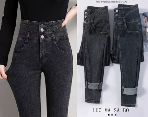 三粒扣收腹牛仔裤女春秋冬超高腰修身弹力铅笔...