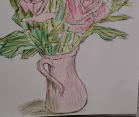 彩铅画16k卡纸 玫瑰花与花瓶组合 有一定...
