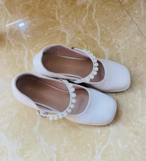 法式玛丽珍鞋白色百搭珍珠复古粗跟单鞋女 3...