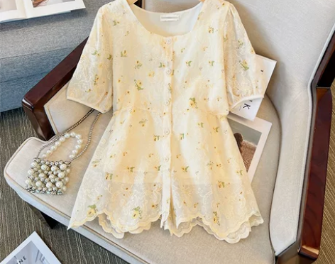 大码女装潮夏胖妹妹碎花衬衫遮肚设计感短袖上...