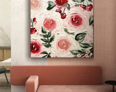 《风华正茂》手绘油画轻奢玫瑰花卉立体挂画餐...