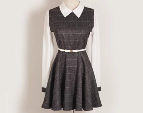 冬装学院风假两件大摆裙格子翻领雪纺拼接毛呢...