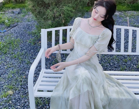 梅子熟了吊带长裙仙女荷叶边印花雪纺裙子女夏...