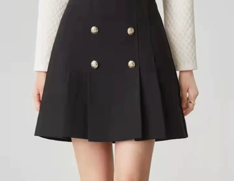 冬新款时尚显瘦双排扣A字压褶半身裙短裙 有...