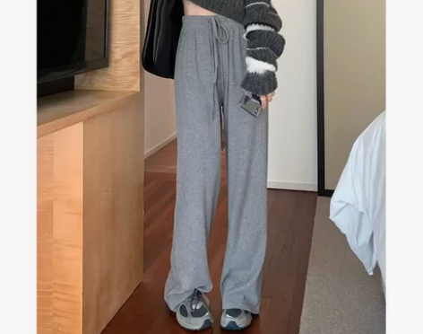 宽松高腰针织坑条绒阔腿裤女春夏显瘦百搭垂感...
