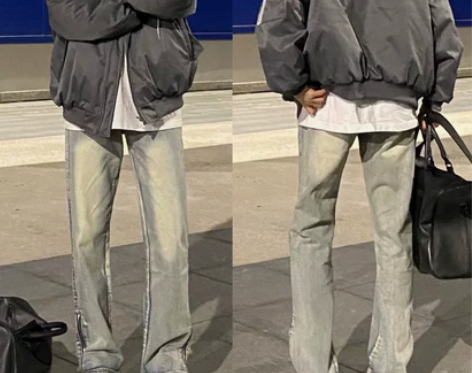 美式vibe高街复古拉链牛仔裤cleanf...