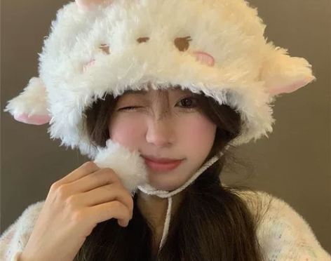 小羊耳朵帽子女秋冬韩版甜美可爱毛绒帽显脸小...