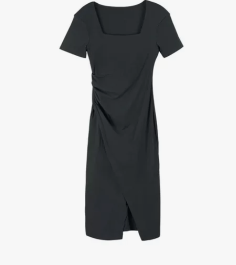 法式方领褶皱收腰显瘦气质连衣裙女春夏新款修...