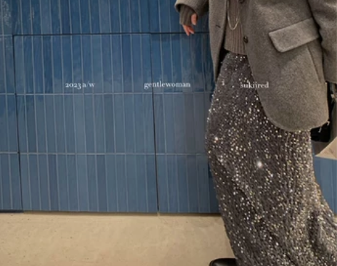 SukiiRED亮片长裙女A字丝绒像筋腰黑...