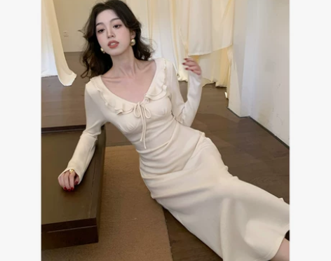 SYT自制 含羊绒荷叶边绑带连衣裙女秋冬新...