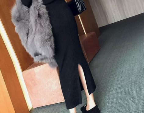 开叉一步裙秋冬2018新款女秋直筒冬季半身...