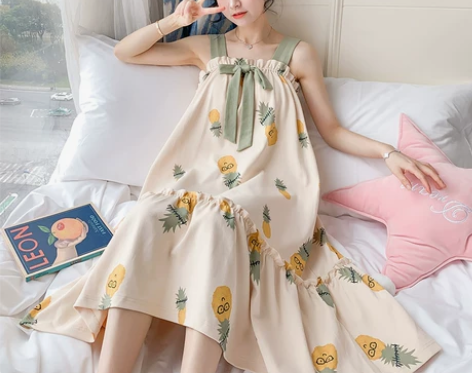 带胸垫睡裙女夏季纯棉长款清新可爱吊带睡衣春...
