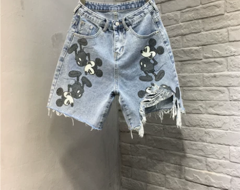 夏季新款米奇印花牛仔短裤女大码微胖妹妹破洞...