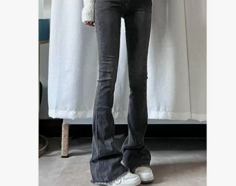 小个子黑灰色毛边微喇牛仔裤女秋季高腰直筒显...