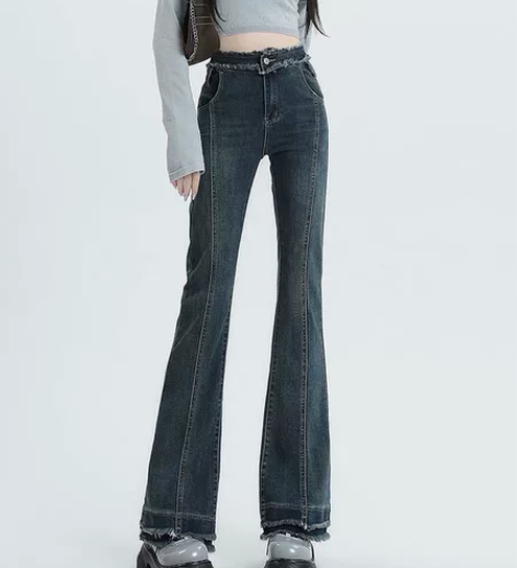 微喇叭牛仔裤女 秋冬新款高腰流苏辣妹修身显...