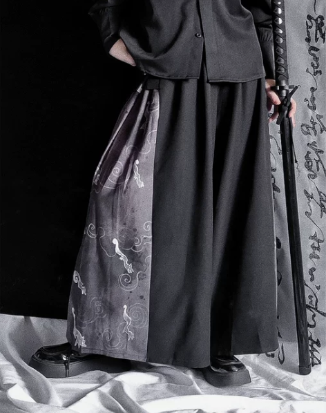 原创新中式古风拼接阔腿裤国风汉元素宽松长裤...
