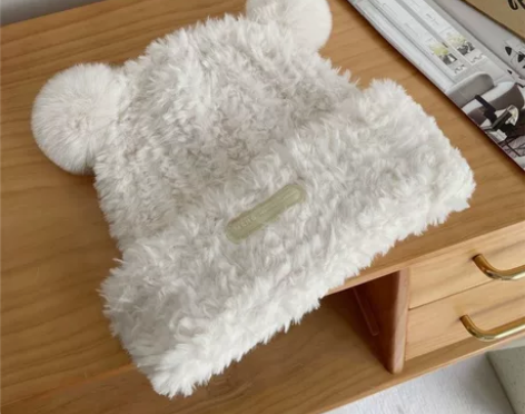 可爱小熊毛线帽子女冬季加厚毛绒保暖毛毛包头...