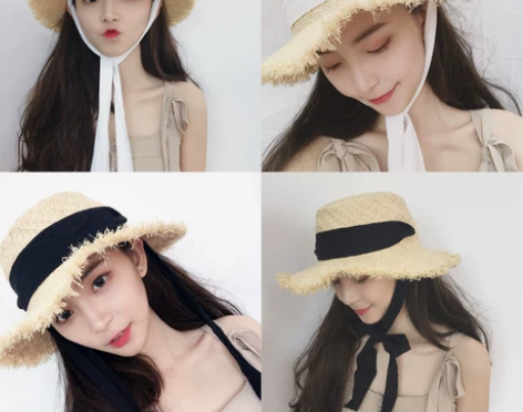 晚晚智仙生拉菲草帽小清新度假遮阳海滩帽毛边...