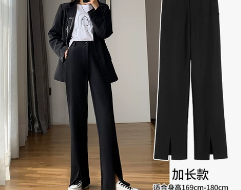 开叉西装裤女直筒宽松春夏加长分叉拖地裤高腰...