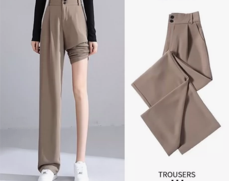 卡其色阔腿裤女春秋新款小个子宽松垂感休闲拖...