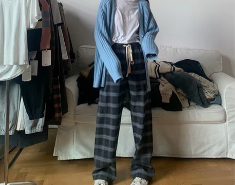 复古格子抽绳阔腿裤女2022秋季高腰宽松显...