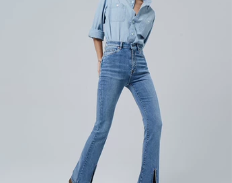 MioDenim前开叉蓝色微喇牛仔裤女高个...