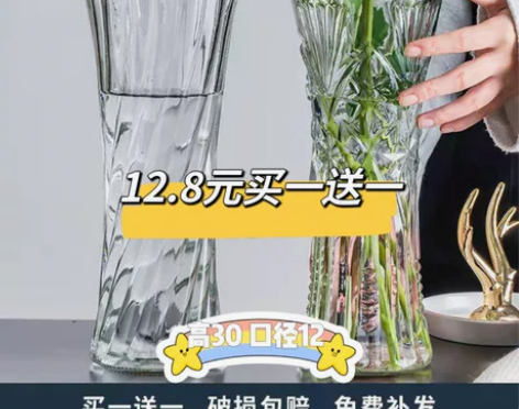 【2个12.8元大号花瓶】创意花瓶玻璃透明...