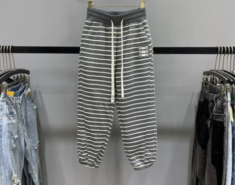 灰色条纹休闲运动裤女2023秋冬加绒高腰抽...