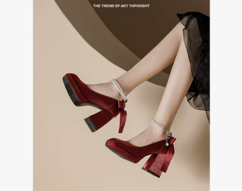 法式小个子超高跟鞋女粗跟红色秀禾婚鞋新娘鞋...
