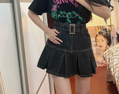 ?大码小众设计感辣妹复古牛仔短裙女胖mm高...