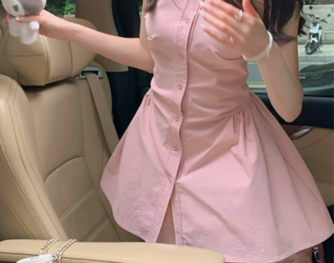 纯欲风性感辣妹粉色连衣裙女夏季polo领无...