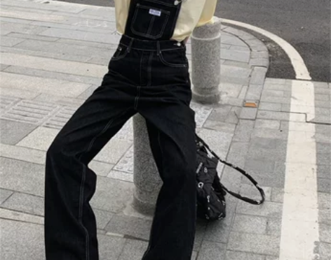 高个子复古宽松直筒背带裤女加长版高腰设计感...