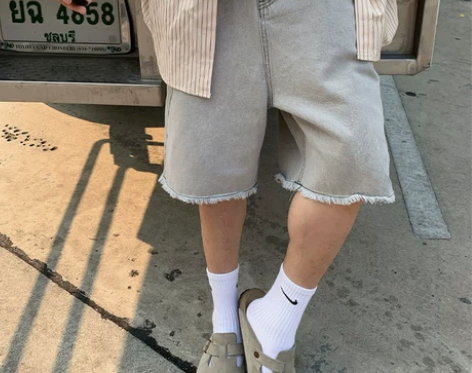 R1DGE复古毛边直筒阔腿牛仔短裤男休闲宽松潮流夏季薄款五分...