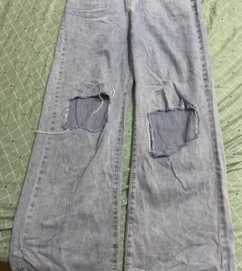 膝盖破洞牛仔裤女阔腿长裤直筒裤子宽松高腰春...