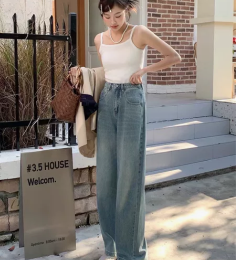 布琳家高腰阔腿牛仔裤女春秋新款浅色显瘦百搭...