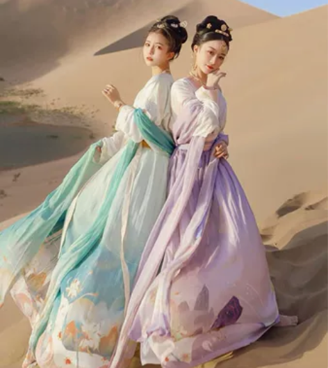 七月夕 鹿饮溪  唐制坦领汉服半臂双色姐妹...