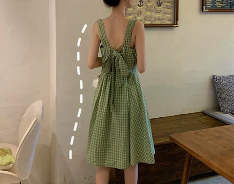小个子系带蝴蝶结格子吊带连衣裙女 甜美初恋...