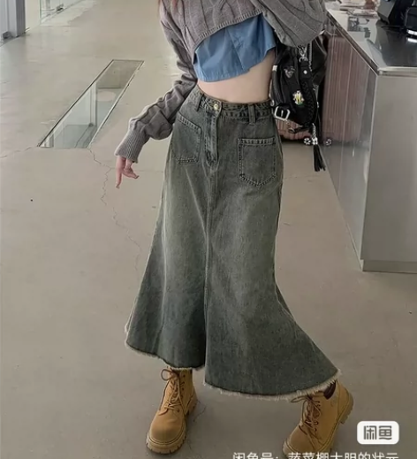 高腰复古鱼尾裙女春秋大码梨形身材显瘦中长款...