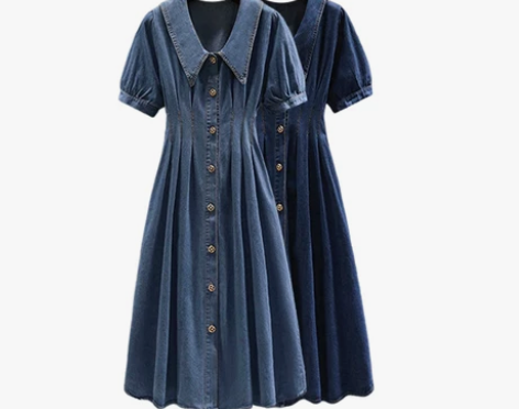 大码复古收腰牛仔连衣裙女2024夏季胖妹妹...