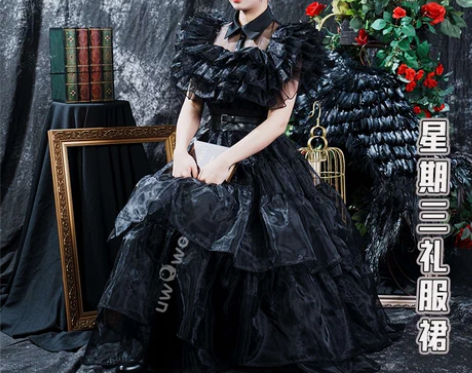 现货悠窝窝 星期三 黑色舞会裙cospla...