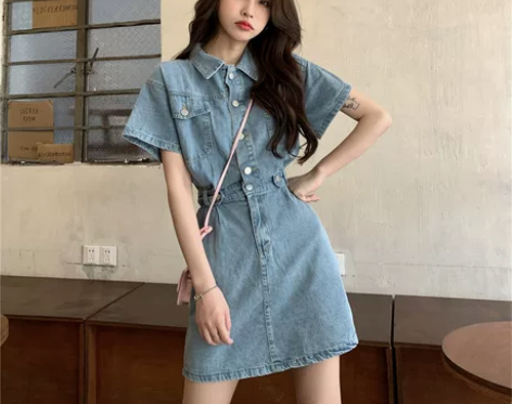 夏季女装设计感别致收腰显瘦短袖牛仔连衣裙2...