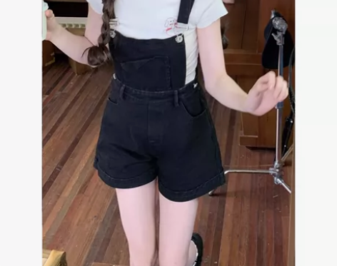 韩系chic设计感牛仔背带裤女2023年夏季薄款减龄小个子可...