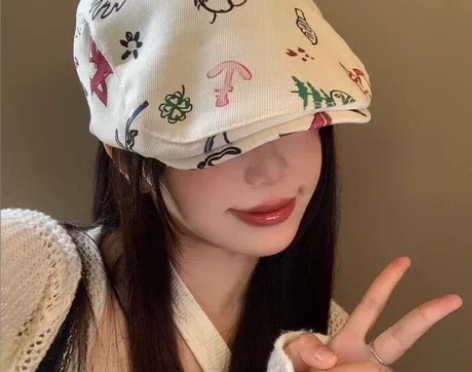 日系涂鸦前进帽女春夏款韩版百搭大头围贝雷帽...