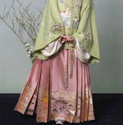 燕云织造局棠溪鹿鸣鹿海棠刺绣织金马面裙原创...