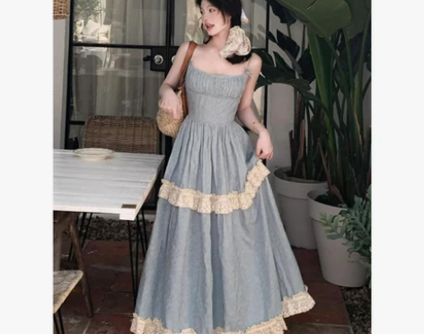 大码法式重工蕾丝拼接吊带连衣裙女夏季微胖m...