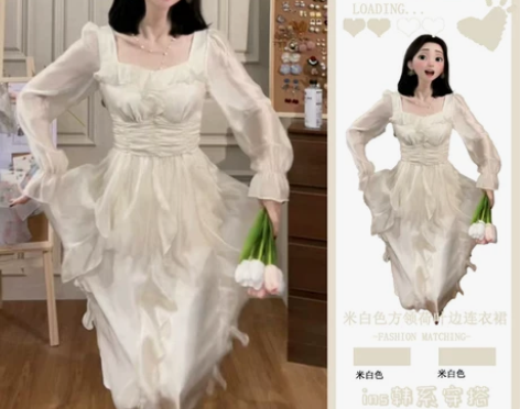 茶歇法式白色方领荷叶边连衣裙女2024早春...